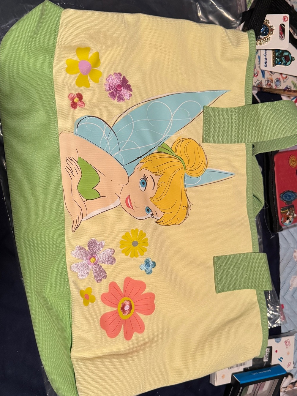 Disney Tinker Bell Floral Canvas Tote - Yellow & Light Green. NWT